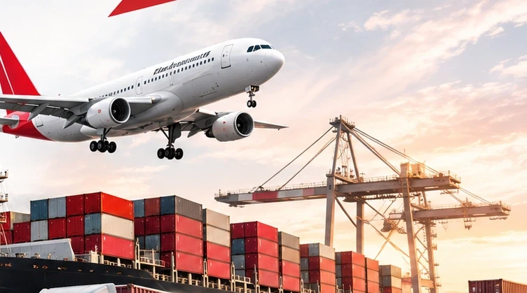 Freight aircraft and containers at a port