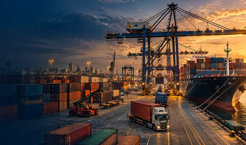 Container ship at a freight terminal