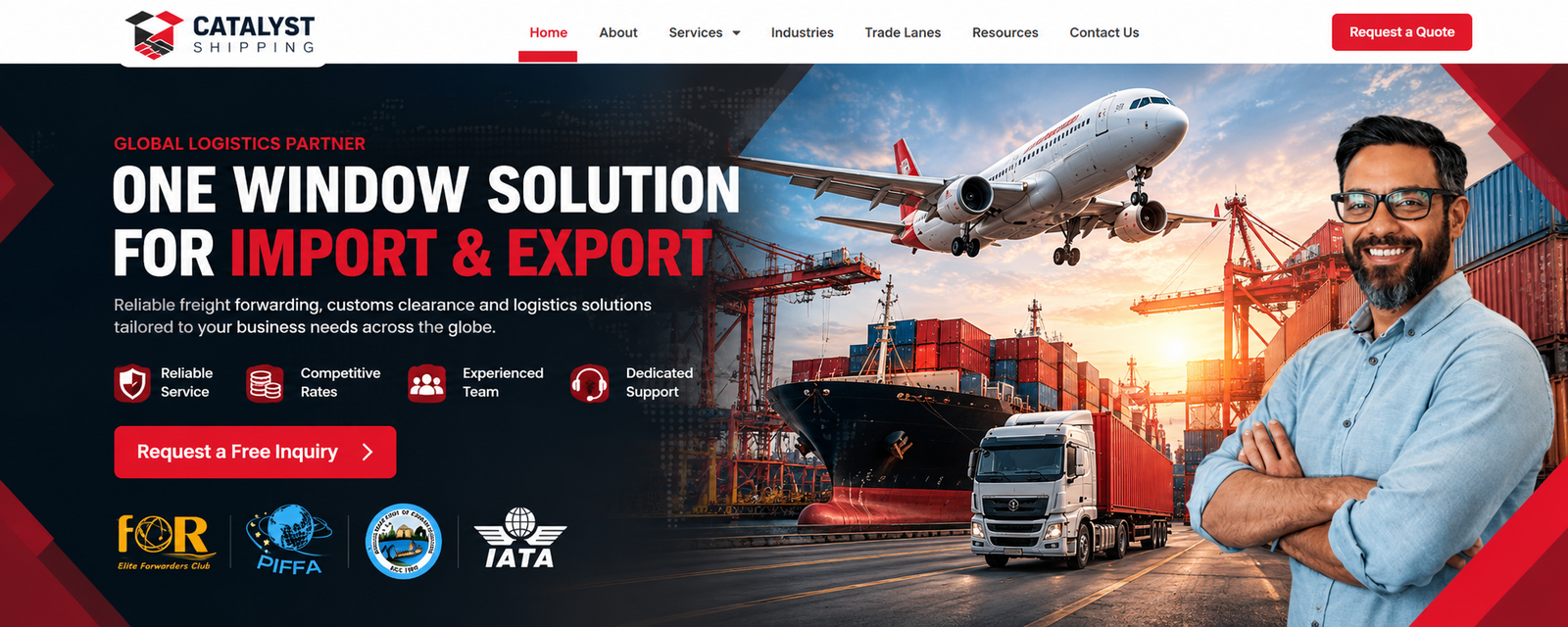 Catalyst Shipping: one window solution for import and export, with aircraft, container vessel, truck and company-approved portrait and affiliation logos